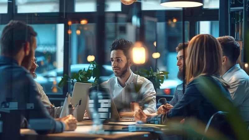 A sales team discusses how to craft a business proposal using proposal automation software