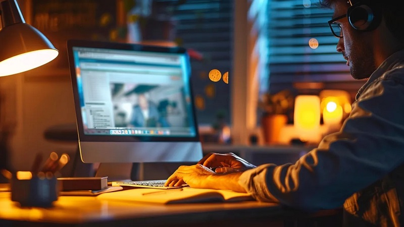 A man works at a computer equipped with proposal automation software